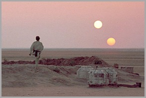 Luke looking off at twin suns